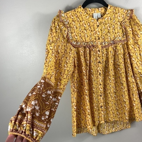JOIE Boho Floral Prairie Puff Sleeve Ruffle Yoke Button Down Top Size S - Picture 9 of 12